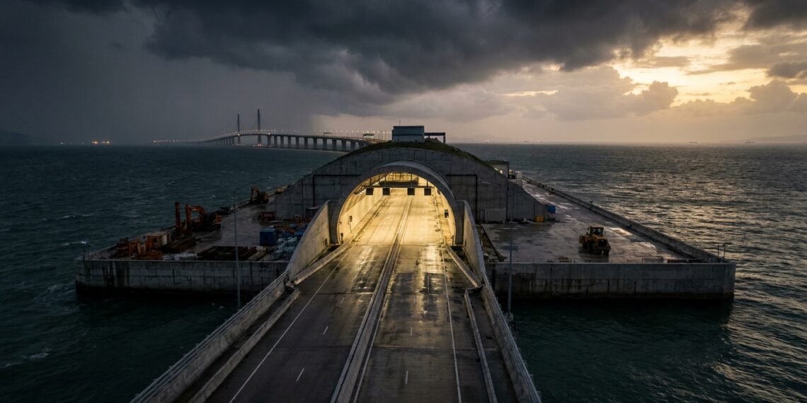 Vista aérea panorâmica da travessia marítima mostrando uma ponte estaiada que se conecta a uma ilha artificial oval e mergulha em direção a um túnel submarino no mar aberto.