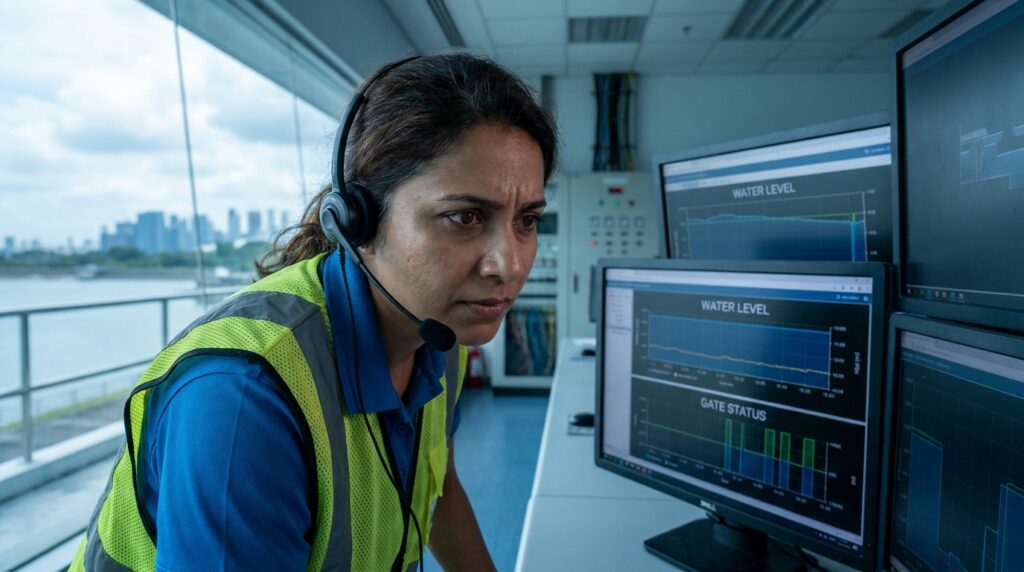 Engenheira hidráulica monitorando dados de telemetria e comportas em sala de controle da barragem