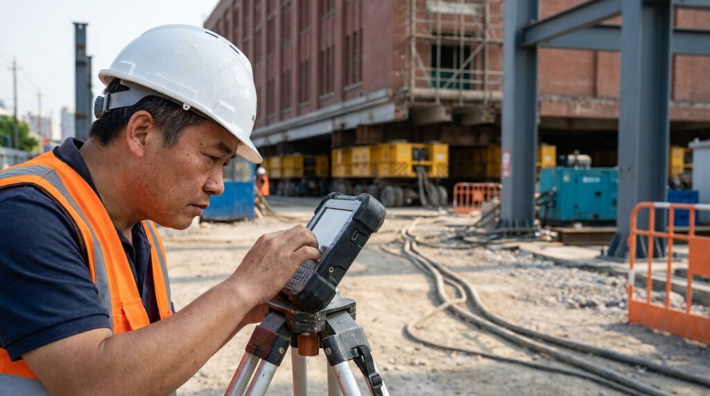 Engenheiro civil com capacete de proteção e colete refletivo operando terminal eletrônico de controle hidráulico em canteiro de obras