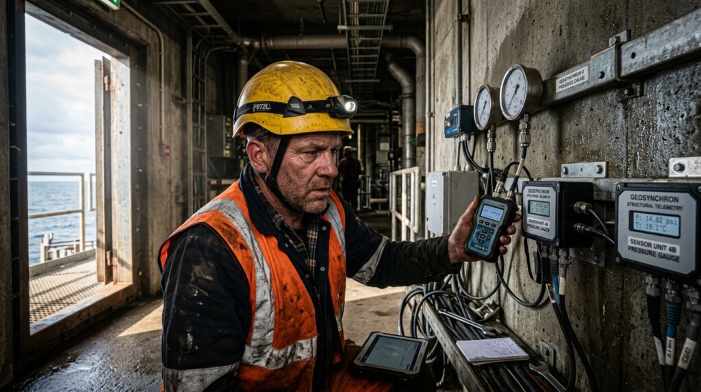 Engenheiro com capacete e colete de segurança inspecionando sensores de monitoramento estrutural fixados em parede de concreto do portal do túnel