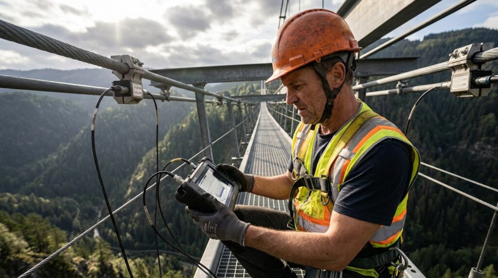 Engenheiro com capacete e cinto de segurança inspecionando sensores nos cabos de sustentação da ponte pênsil em passarela elevada