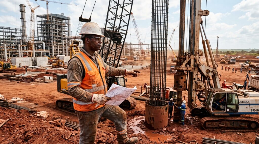Engenheiro acompanha a execução de uma fundação profunda ao lado de perfuratriz e armadura de aço em canteiro industrial.