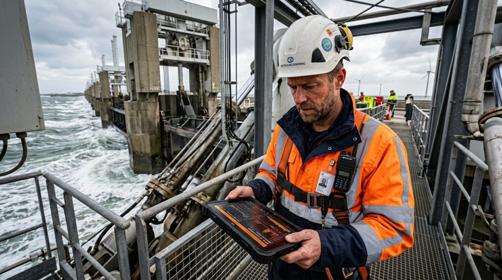Engenheiro civil de capacete e colete refletivo analisando dados técnicos em tablet na passarela da barreira de proteção costeira