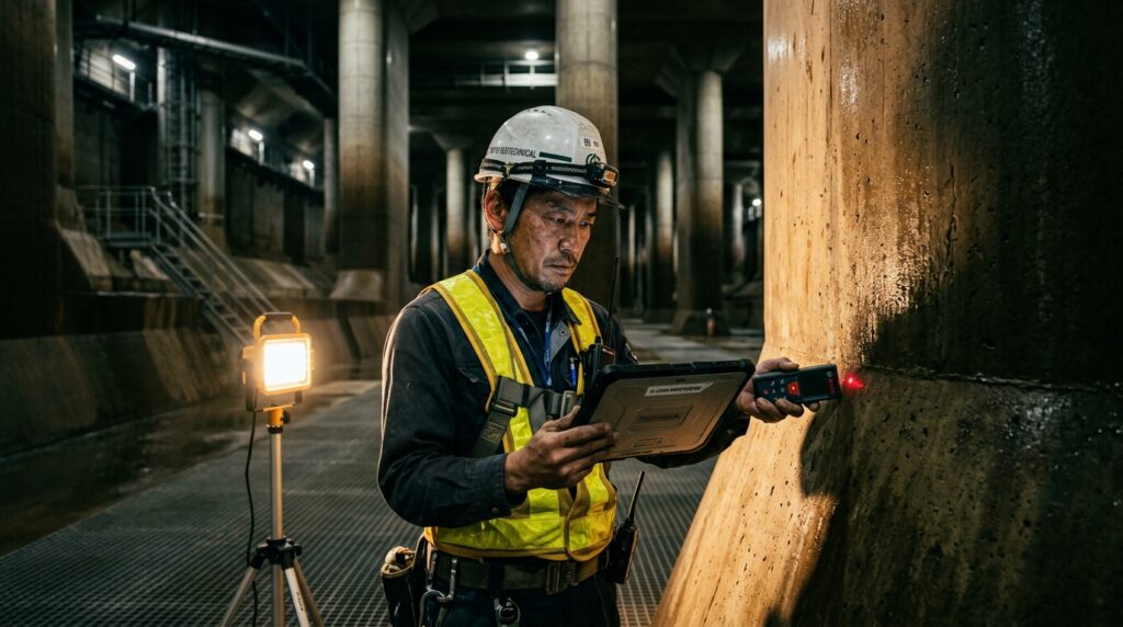 Engenheiro civil com capacete de proteção e prancheta digital inspecionando a base de concreto de um pilar subterrâneo em Saitama