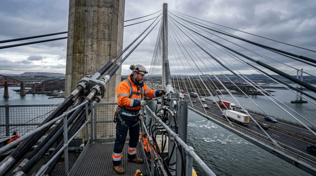 Engenheiro inspeciona os estais próximos à torre central da Queensferry Crossing sobre o Estuário do Forth.