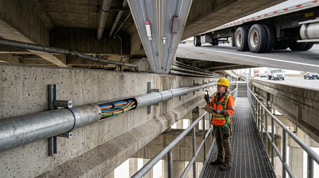 Caminhão atravessa uma ponte enquanto cabo de fibra óptica acompanha as pequenas vibrações transmitidas pela estrutura.