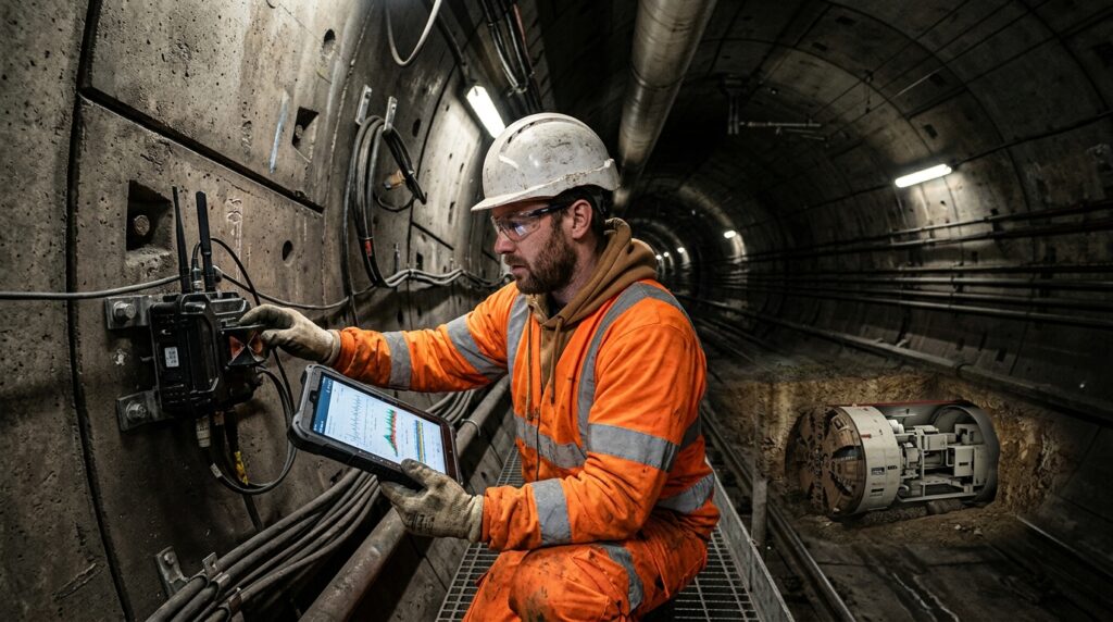 Engenheiro acompanha sensores instalados no revestimento de um túnel enquanto outra galeria é escavada abaixo.
