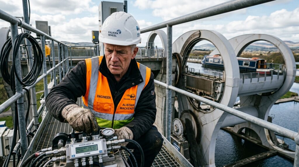 Engenheiro de estruturas com capacete de seguran&ccedil;a monitorando sensores no pilar de apoio do Falkirk Wheel
