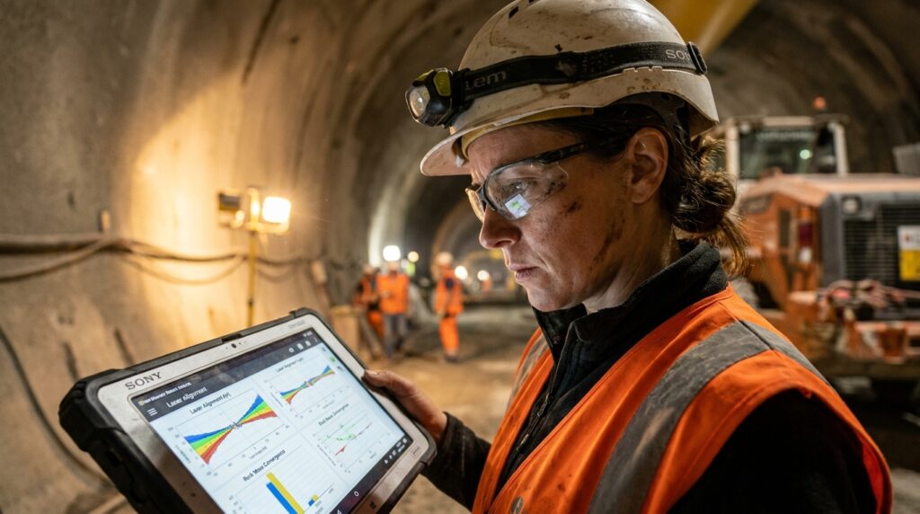 Engenheira civil com capacete e colete refletivo analisando dados em tablet dentro de galeria subterrânea