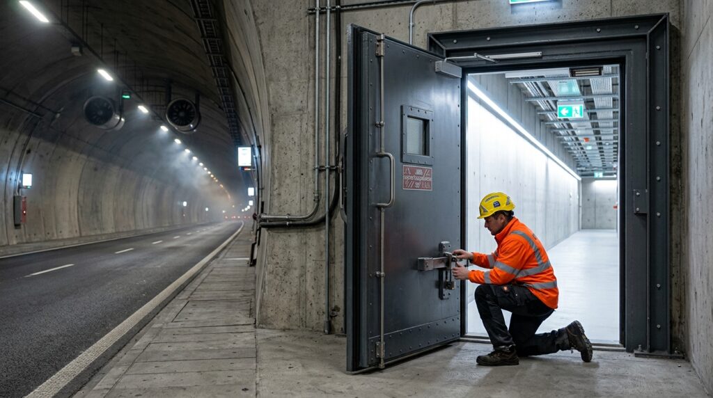 Porta corta-fogo separa a galeria de tráfego de uma passagem protegida de emergência dentro do túnel.
