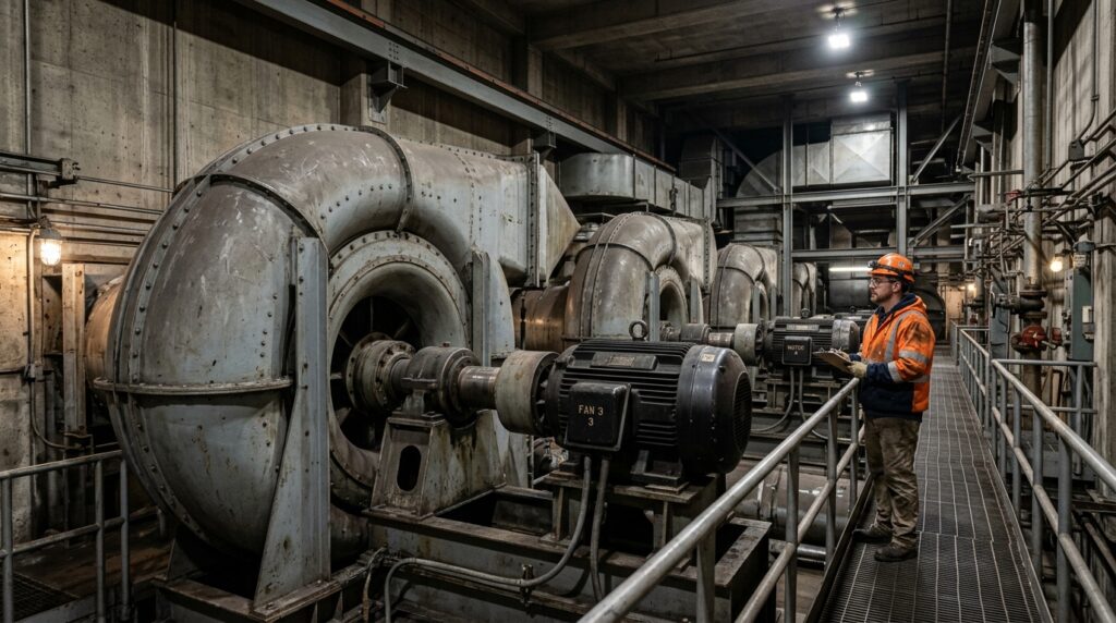 Engenheiro inspeciona grandes ventiladores centrífugos do sistema de ventilação do Holland Tunnel.