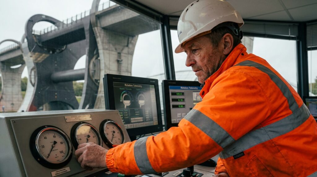 Engenheiro civil com capacete ajustando painel de comando e monitorando pressão hidráulica da Falkirk Wheel