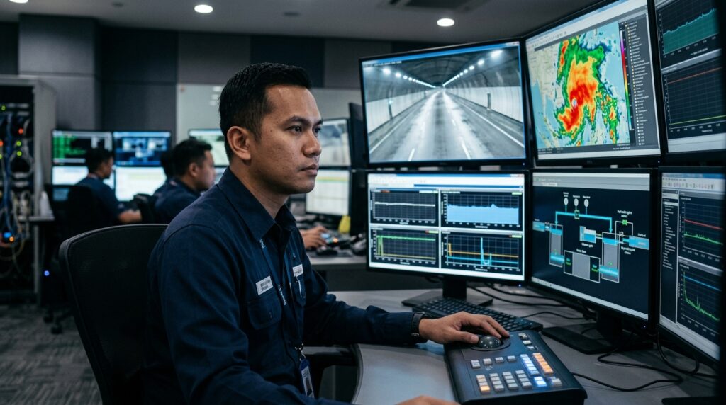 Engenheiro monitora câmeras e dados hidráulicos no centro de controle do túnel durante chuva intensa em Kuala Lumpur.