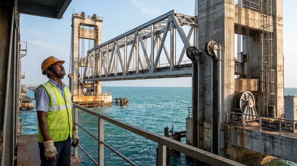 Engenheiro observa o enorme vão ferroviário da Ponte Pamban sendo elevado verticalmente entre as torres.