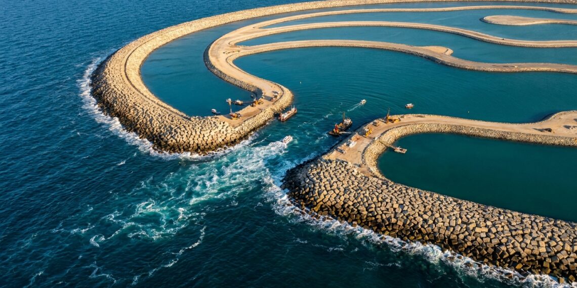 Vista aérea do quebra-mar curvado de Palm Jumeirah mostrando uma das aberturas artificiais por onde a água do mar aberto circula em direção aos canais internos.