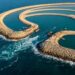 Vista aérea do quebra-mar curvado de Palm Jumeirah mostrando uma das aberturas artificiais por onde a água do mar aberto circula em direção aos canais internos.
