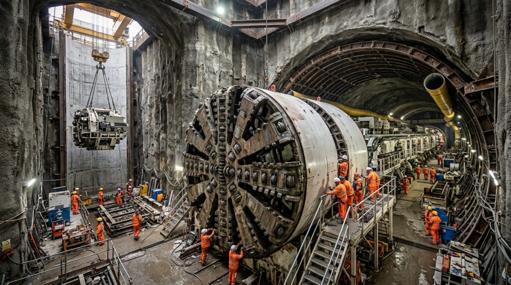 Componente de tuneladora é baixado por um poço até uma galeria subterrânea.