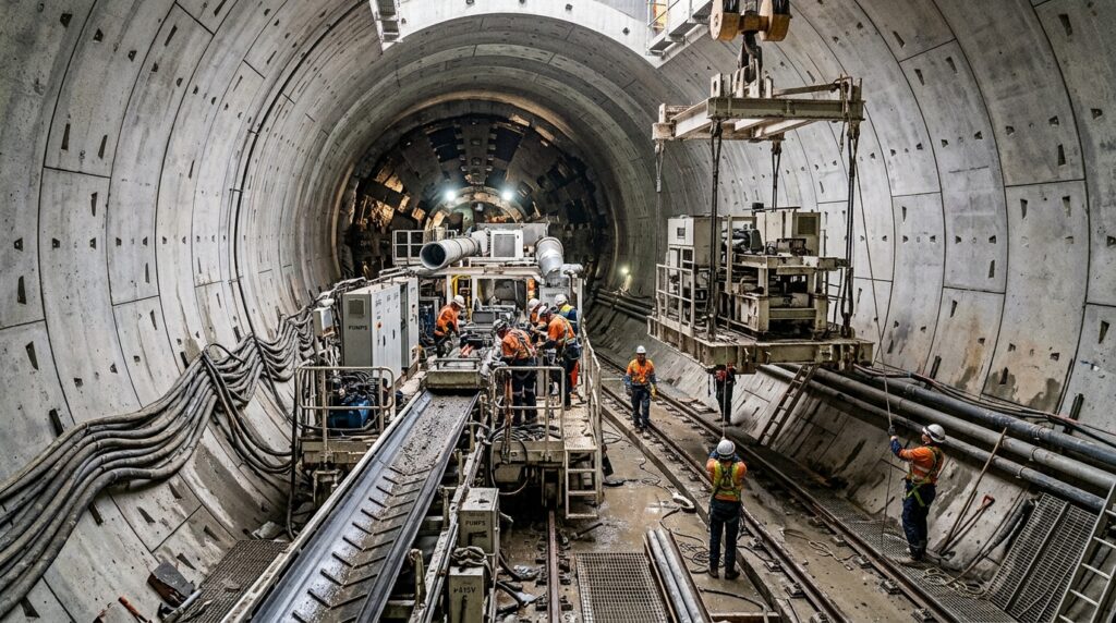 Vagões traseiros são acoplados à tuneladora dentro do túnel recém-escavado.