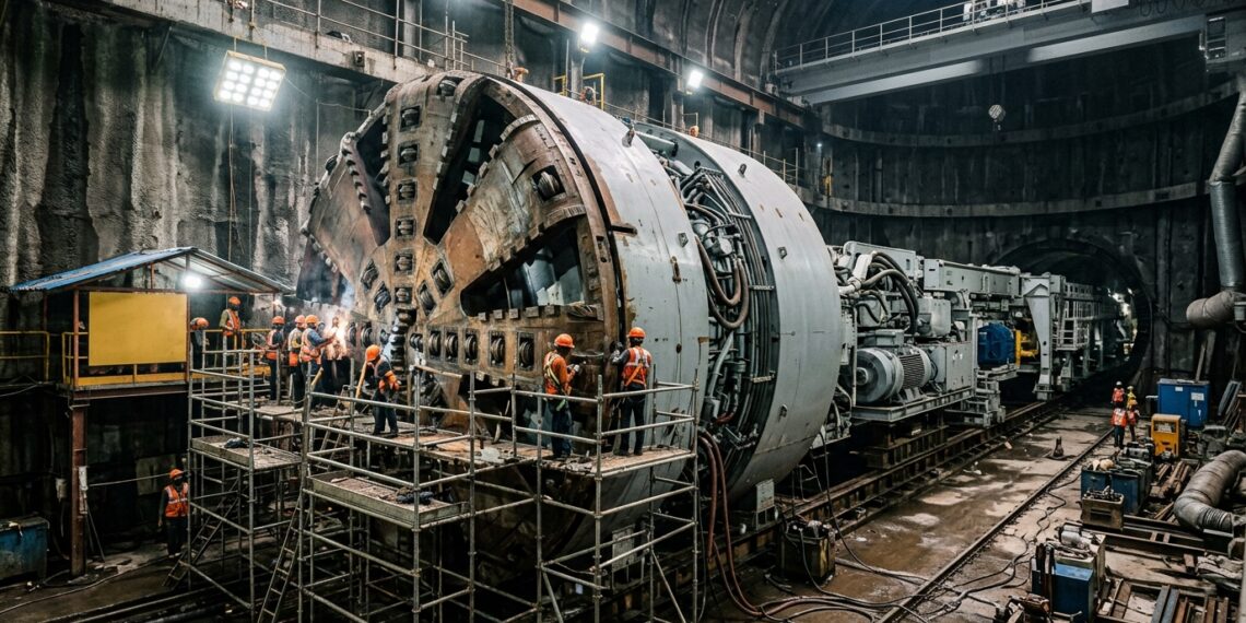 Engenheiros montam uma tuneladora gigante no fundo de um poço.