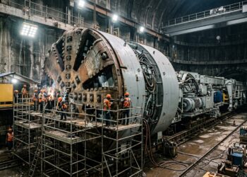 Engenheiros montam uma tuneladora gigante no fundo de um poço.