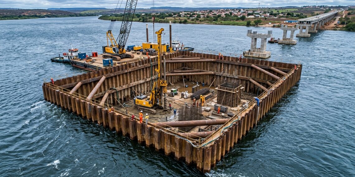 Ensecadeira de aço mantém uma área praticamente seca no meio de um rio durante a construção de pilares de ponte.