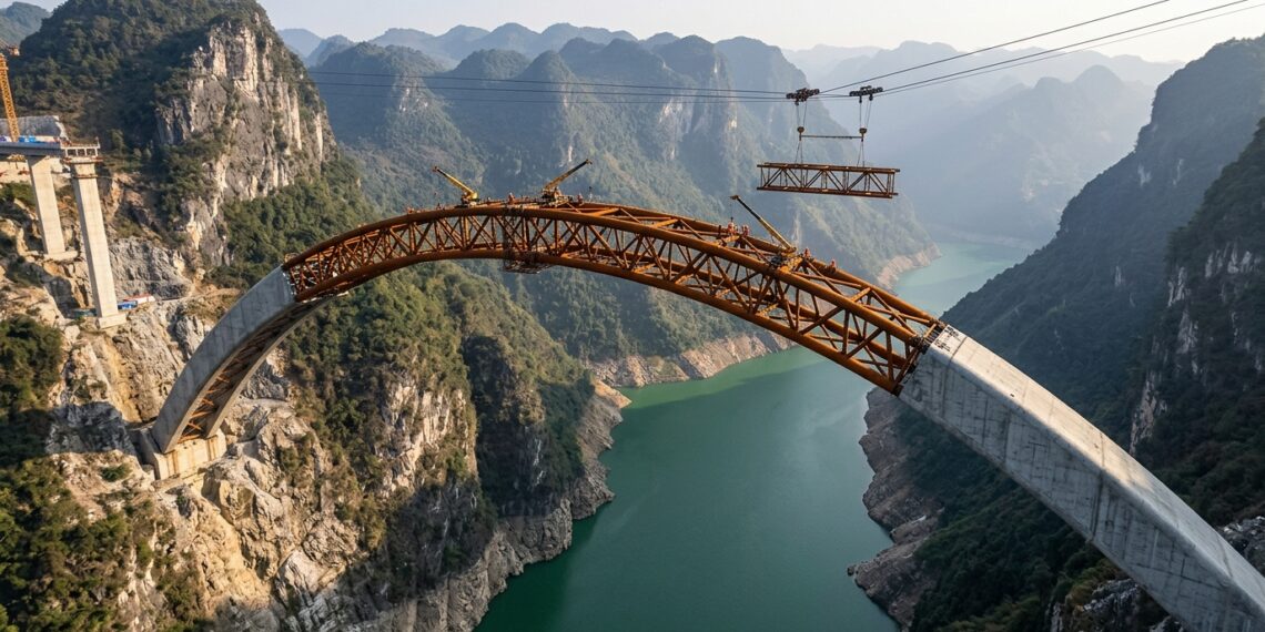 Arco de 600 metros da Ponte Tian’e Longtan atravessa um desfiladeiro na China com sua estrutura tubular de aço parcialmente exposta.
