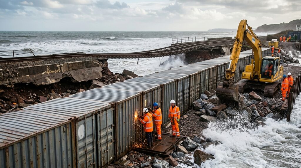 Contêineres formam uma barreira temporária diante da ferrovia de Dawlish danificada pelo mar.