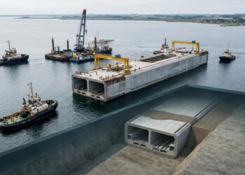 Corte de um módulo oco de concreto mostra as câmaras internas que permitiam transportar a estrutura flutuando pelo mar.