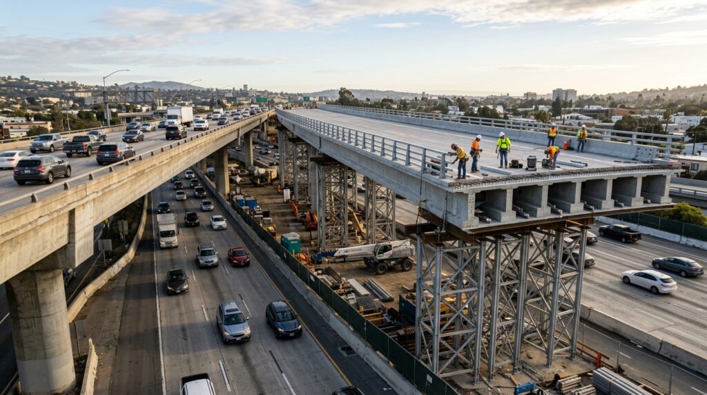 Ponte nova é construída ao lado da antiga enquanto o tráfego continua circulando pela rodovia.