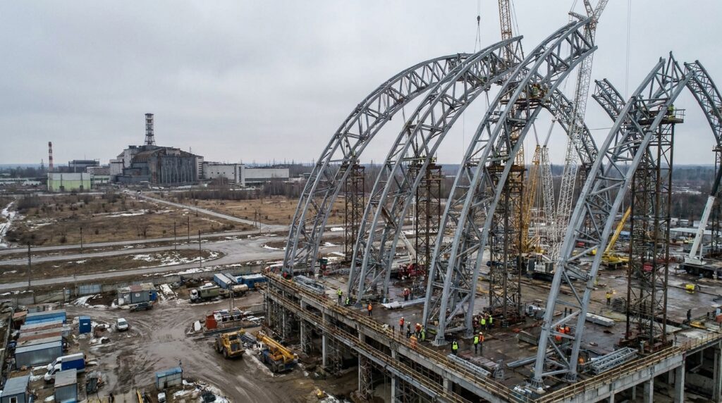 Arco de Chernobyl é montado em área afastada do antigo reator 4.