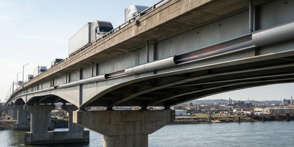 Fibra óptica instalada sob uma ponte é utilizada para medir vibrações provocadas pela passagem de veículos.