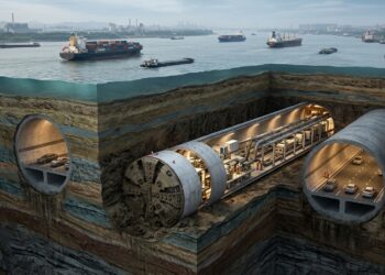 Corte sob o rio Yangtzé mostra dois grandes túneis paralelos projetados para receber uma rodovia de seis faixas.
