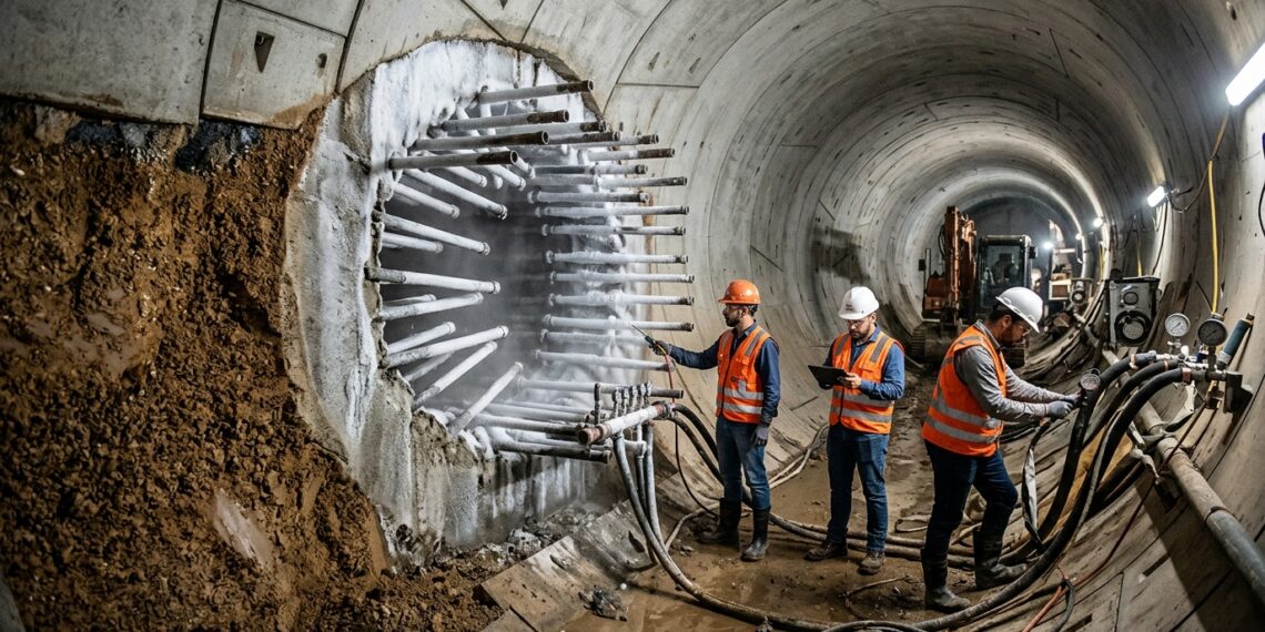 Engenheiros usam tubos refrigerados para congelar o solo ao redor de uma futura escavação de túnel.