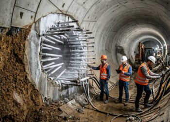 Engenheiros usam tubos refrigerados para congelar o solo ao redor de uma futura escavação de túnel.