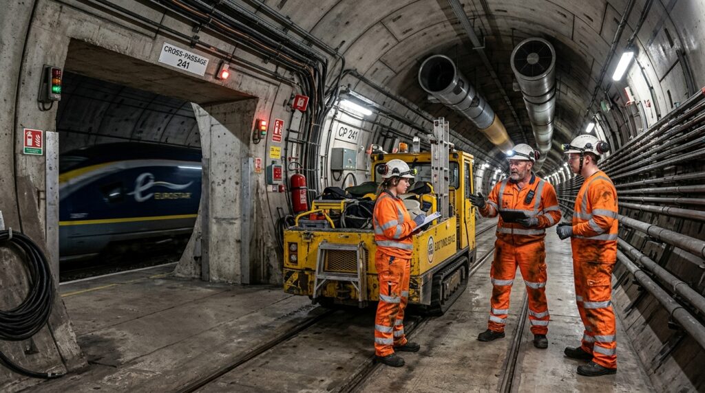 Equipe de manutenção trabalha no túnel central de serviço enquanto um trem passa pela galeria ferroviária ao lado.