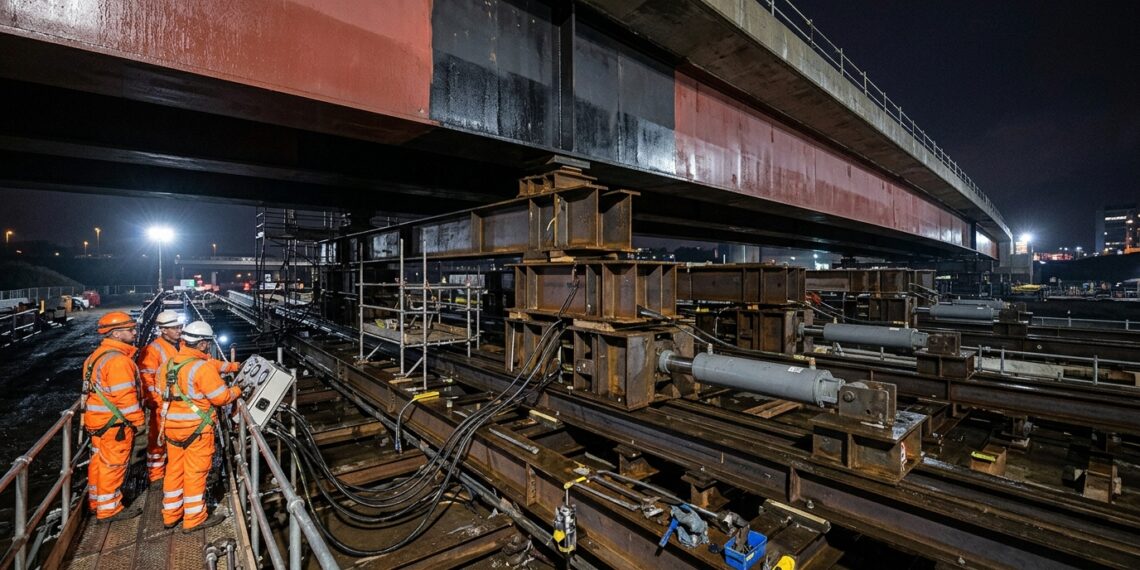 Sistema hidráulico desloca a ponte sobre estruturas temporárias de deslizamento.