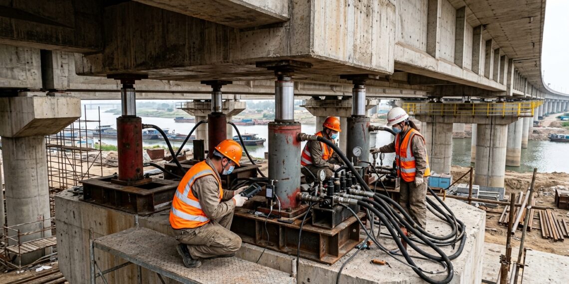 Engenheiros inspecionam macacos hidráulicos instalados entre o pilar e o tabuleiro elevado da ponte.