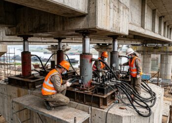 Engenheiros inspecionam macacos hidráulicos instalados entre o pilar e o tabuleiro elevado da ponte.