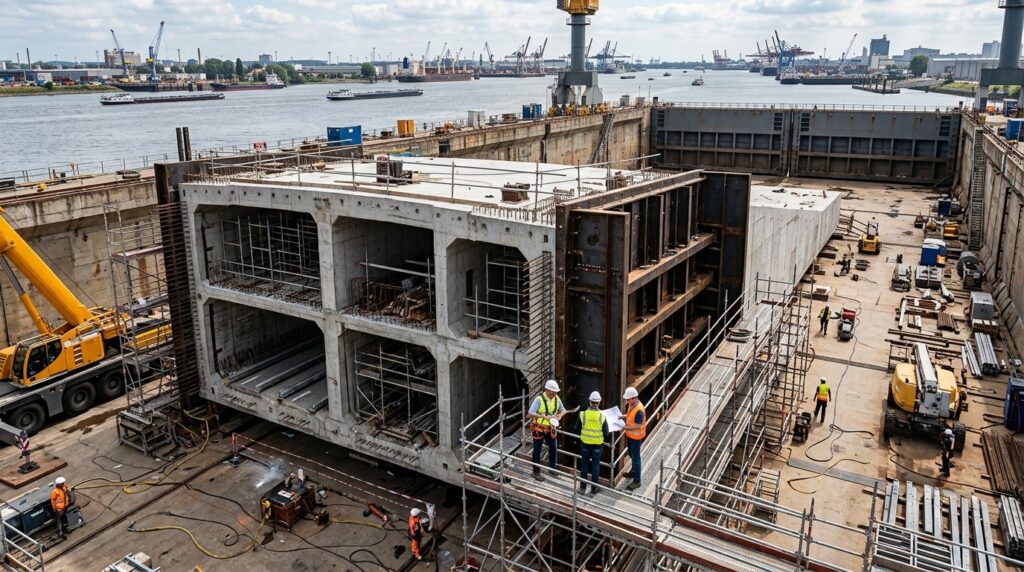 Grande módulo de túnel de concreto é fabricado em um dique seco antes de ser levado para a água.