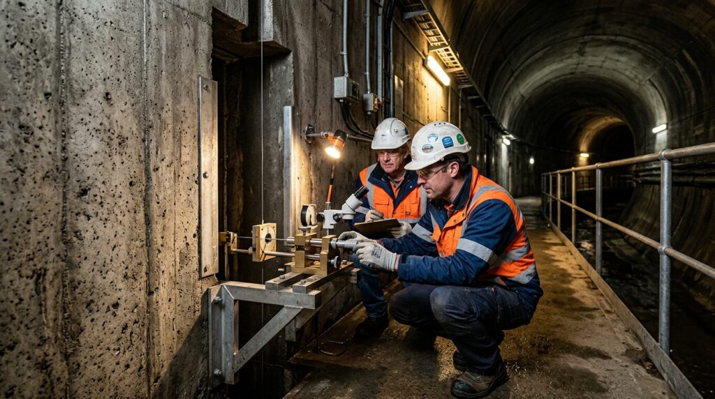 Engenheiros inspecionam um sistema de pêndulo instalado em uma galeria interna de uma grande barragem.