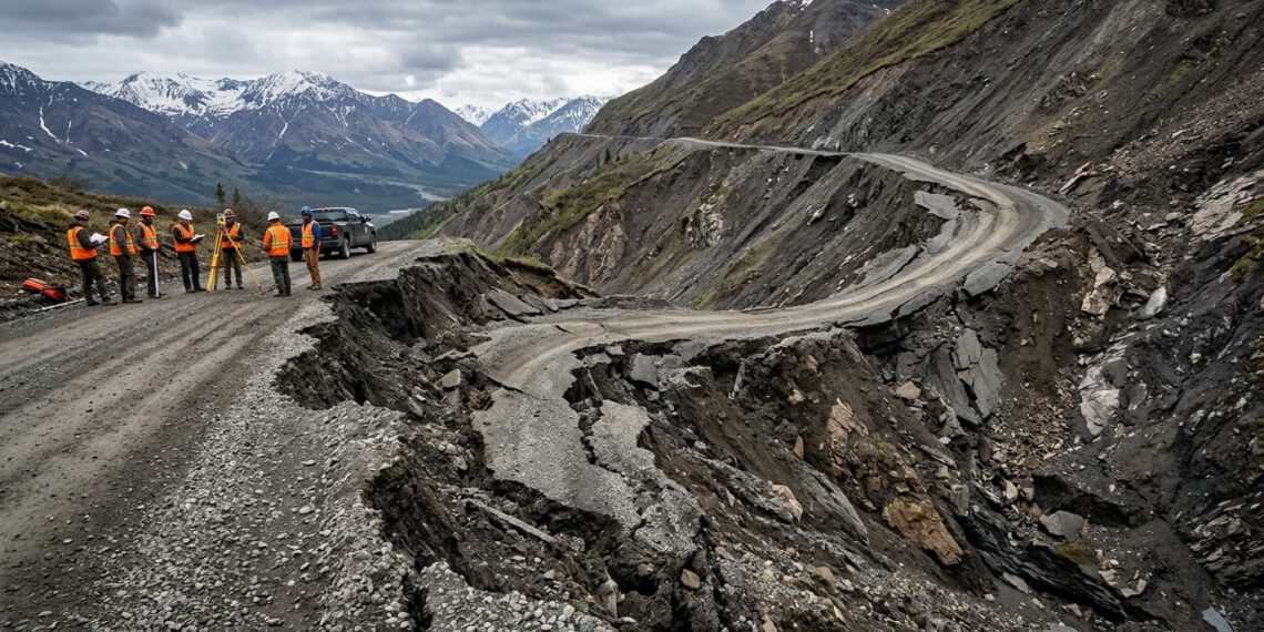 Estrada deformada pelo movimento do deslizamento em Denali.