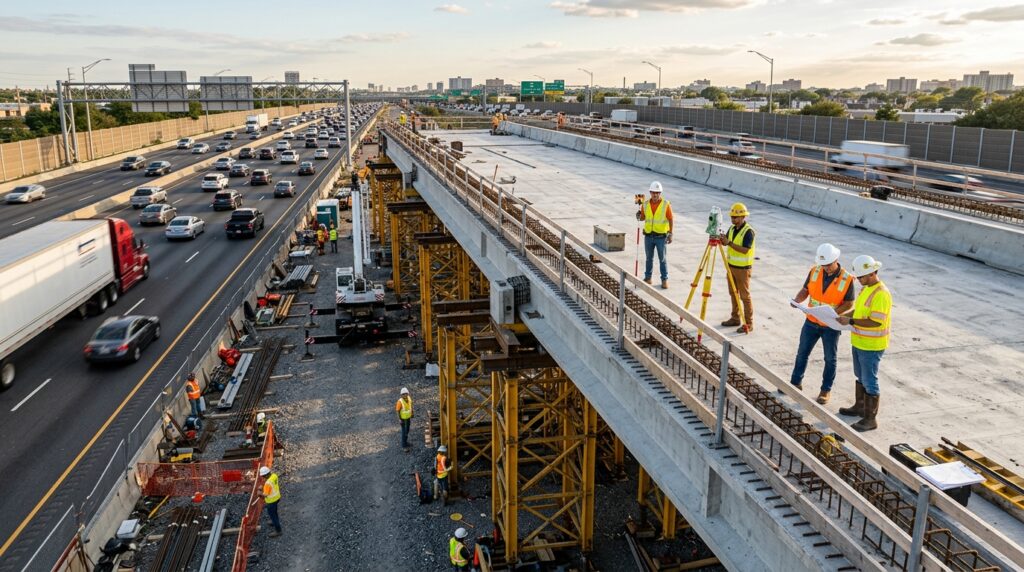 Nova ponte é construída ao lado de uma rodovia enquanto o tráfego continua passando pela estrutura antiga.