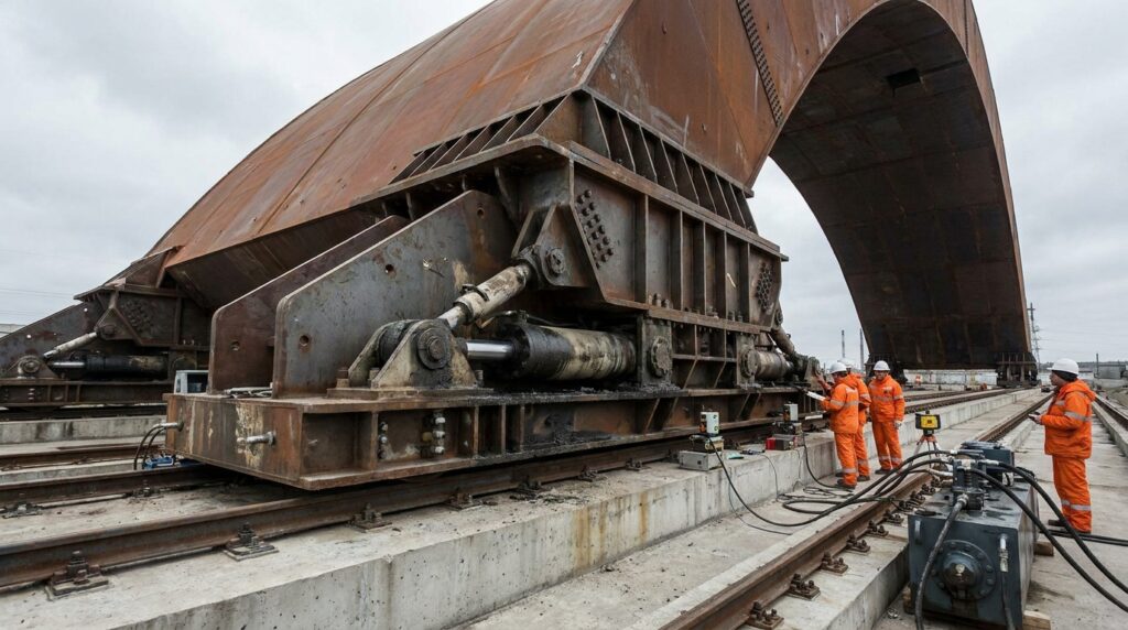 Sistema hidráulico movimenta a base do gigantesco arco metálico de Chernobyl.