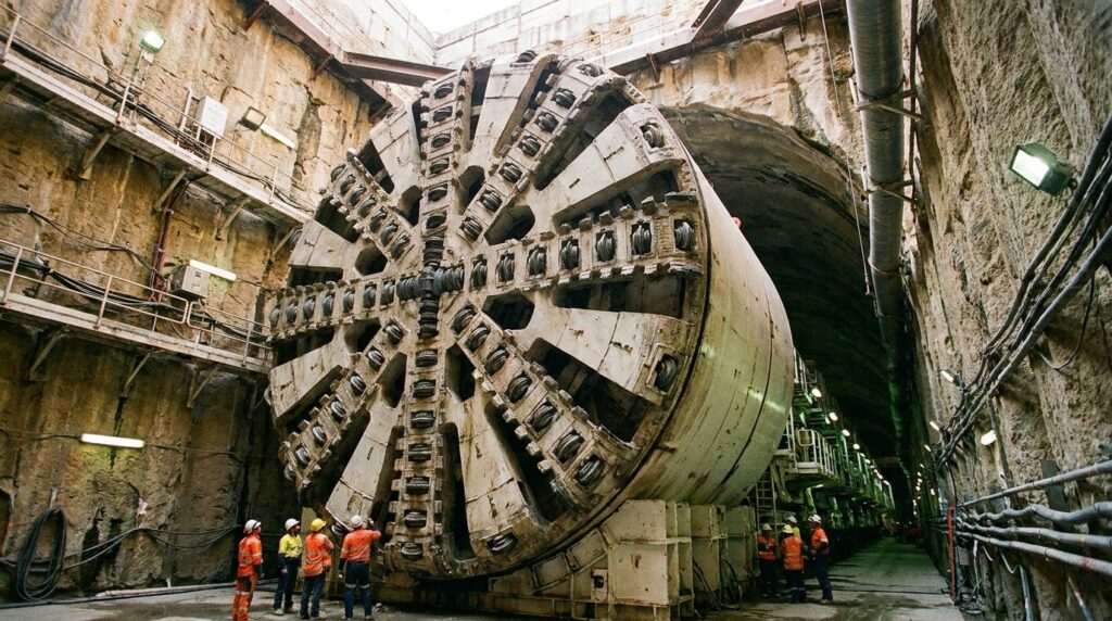 Tuneladora de 15,7 metros de diâmetro montada dentro de caverna subterrânea.