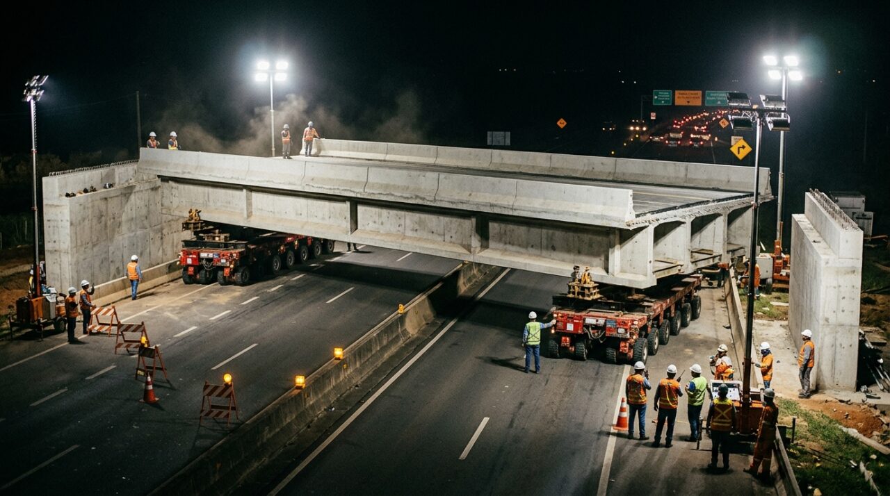 Em vez de bloquear uma estrada durante meses, engenheiros conseguem fabricar grandes partes de uma ponte em outro lugar e encaixá-las em poucos dias