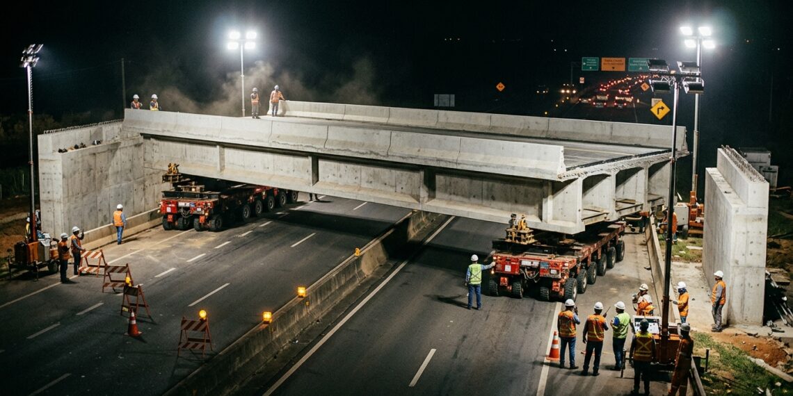Grande trecho pré-fabricado de ponte é transportado sobre carretas SPMT para instalação acima de uma rodovia.