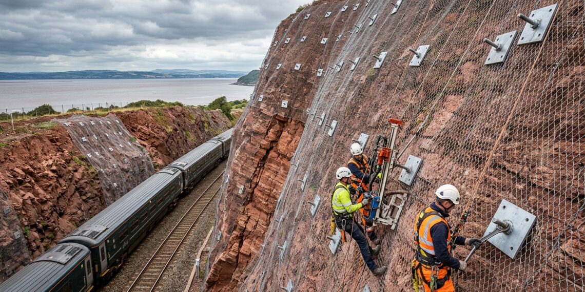 Encosta sobre ferrovia britânica coberta por redes metálicas e grandes ancoragens instaladas na rocha.