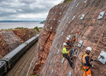 Encosta sobre ferrovia britânica coberta por redes metálicas e grandes ancoragens instaladas na rocha.