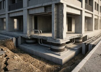 Corte de um edifício mostra grandes isoladores sísmicos instalados entre os pilares e as fundações durante um terremoto.