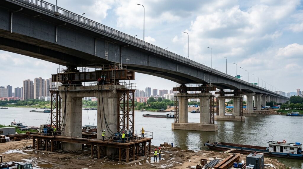 Ponte de 960 metros é elevada sobre macacos hidráulicos durante obra de engenharia em Linyi, na China.